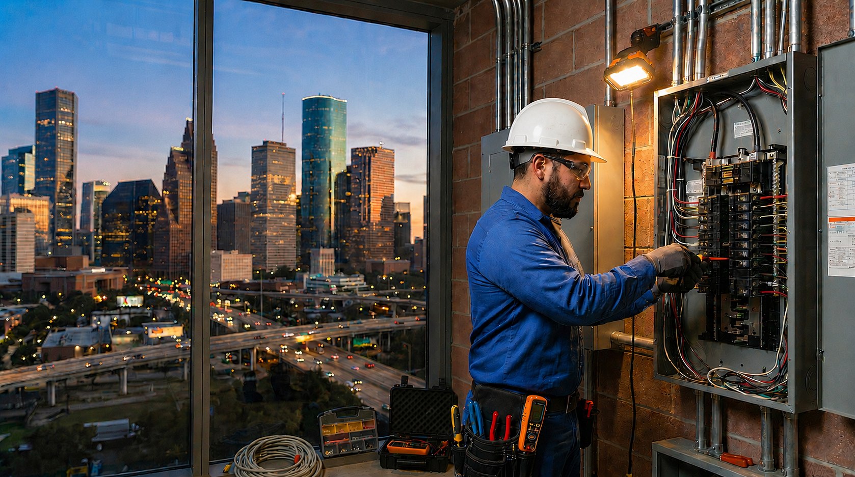 Professional electrician working on an electrical panel with Houston skyline